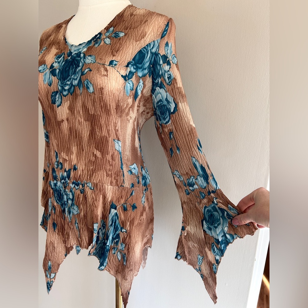 Y2K JAIPUR Asymmetric Earthy Floral Bell Sleeve Top Fairy Grunge Goblincore Sz L - Picture 6 of 16